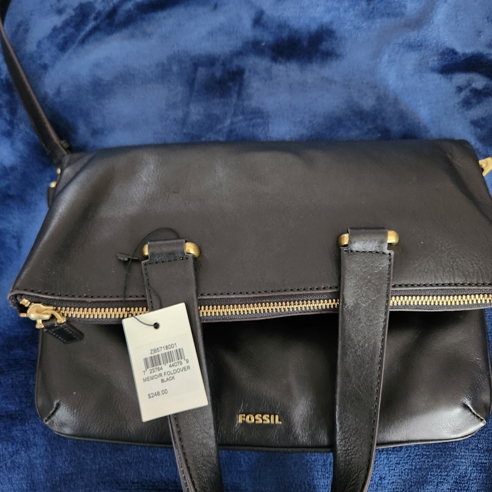 Fossil Black Leather Memoir Foldable Tote Crossbody Bag